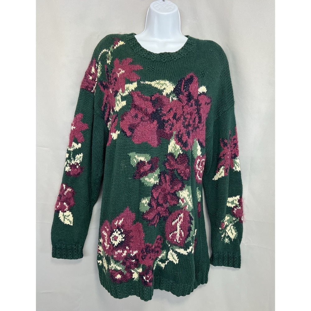 VINTAGE Paris Sport Club HAND KNITTED Sweater Large Green Fuchsia Pink w/ Mohair